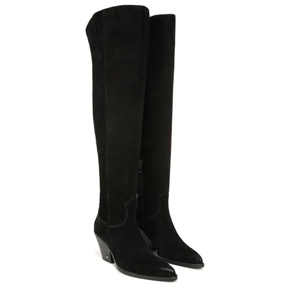 Sam Edelman Brinley Black Suede Leather Over The Knee Western Boots Pointed Toe